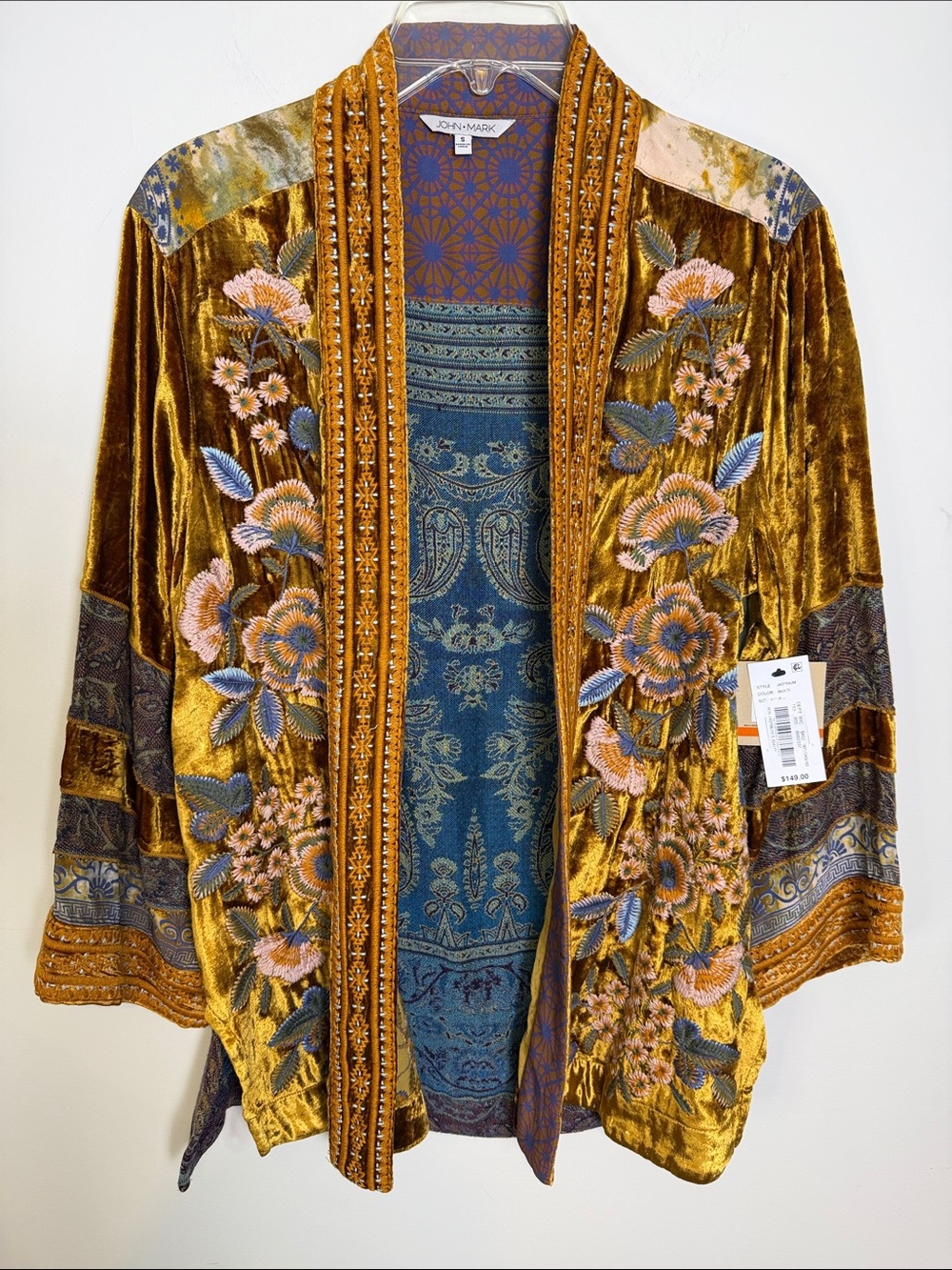 JOHN MARK Velvet Embroidered Open-Front Kimono Jacket, Gold / Blue | Sz S NWT